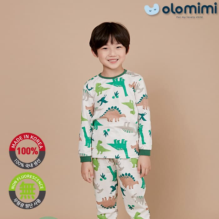 _OLOMIMI_ KOREA 21FW Kids Pajamas_sleepwear_30S SINGLE Long Sleeves_DINO GREEN